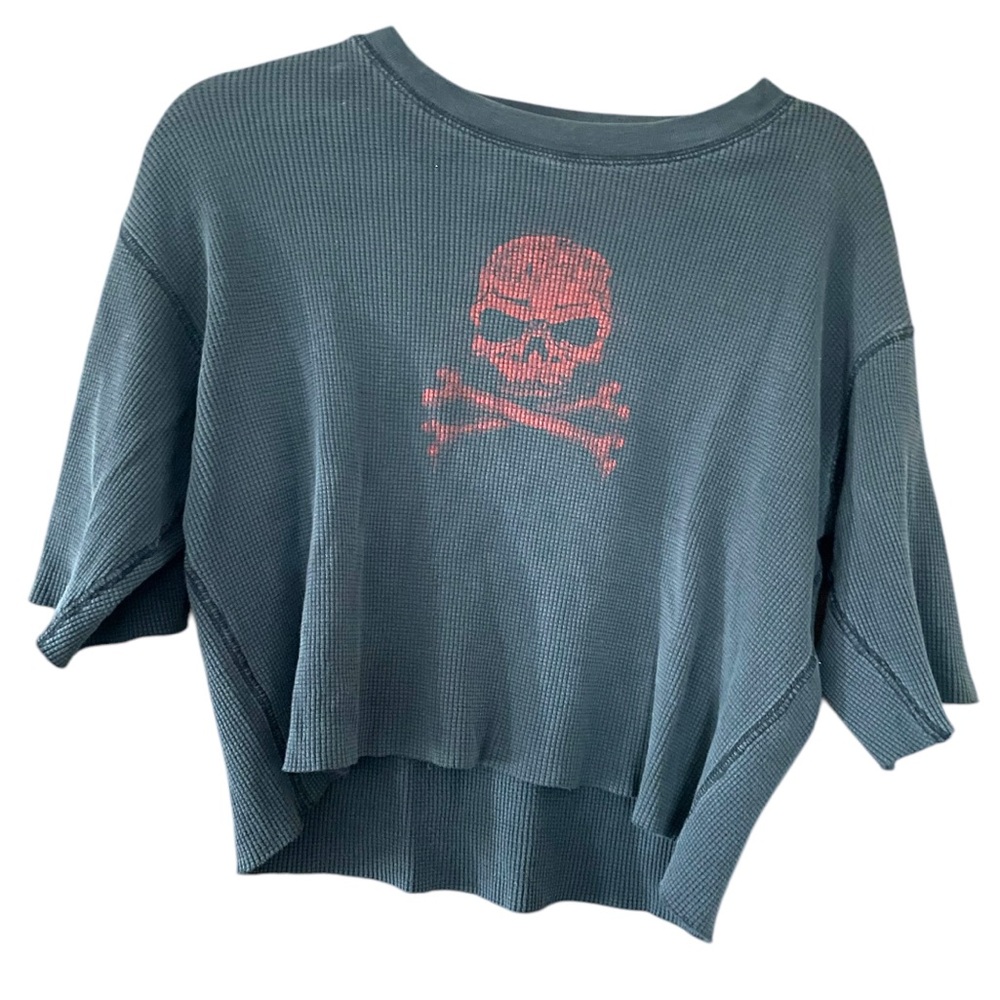Vintage Top Heavy Waffle Knit Cropped Graphic Tee Size L 100% Cotton